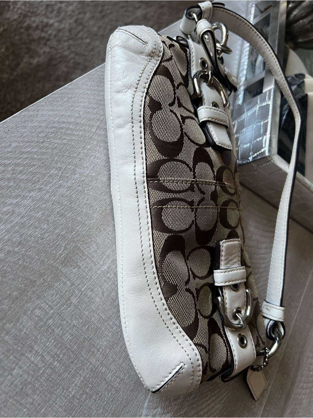 Coach Brown Signature Canvas Shoulder Bag with White Leather Trim - Picture 2 of 7